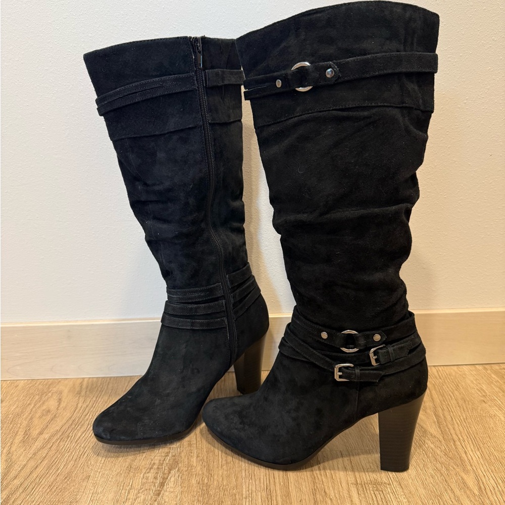 Black Leather Knee High Boots Buckle Heel Size 7 Riding Style